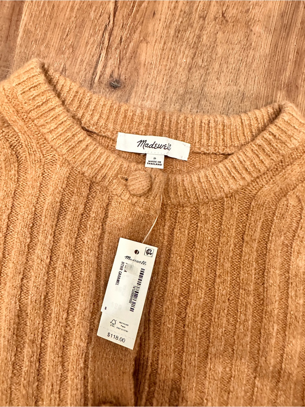 Madewell Women's Ribbed Button Cardigan - Camel size Small